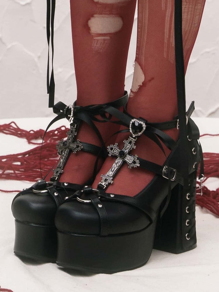 Lace-Up - Platform Heart Detachable Back with Rhinestone Black at Gothic Janes Charm Cross Bow Mary