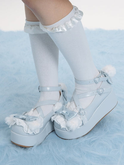 Blue Design at Decorated Top Bow Pompon Plush With Ear Crisscross Platforms Bunny