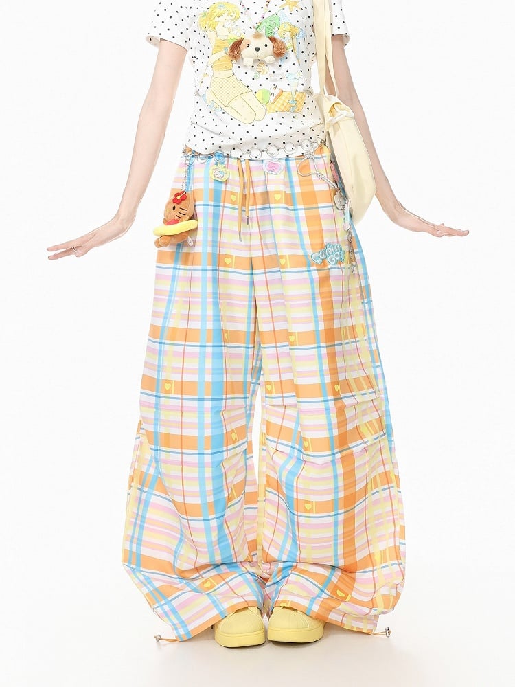 Orange Plaid Wide-Leg Pants with Embroidery - Languid Park