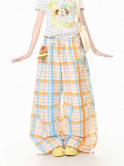 Orange Plaid Wide-Leg Pants with Embroidery - Languid Park