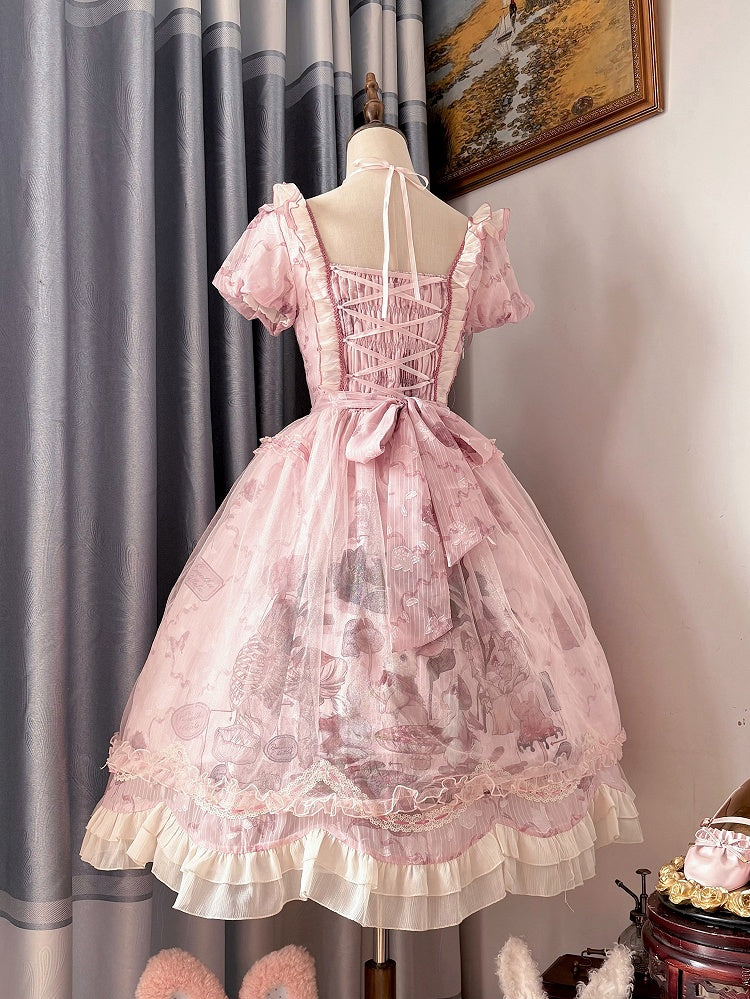 Taille gewellt rosa Trim Bunny Edge Prinzessin Kleid Rock Lolita Print Rüschen Baskisch