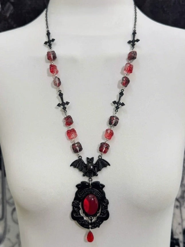 Red Rhinestone Gothic Necklace with Bat and Cross Pendant - Boobi Shop