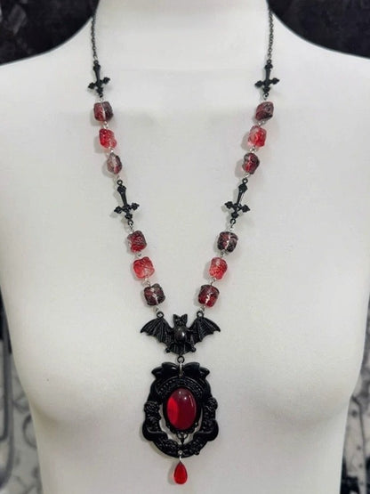 Red Rhinestone Gothic Necklace with Bat and Cross Pendant - Boobi Shop