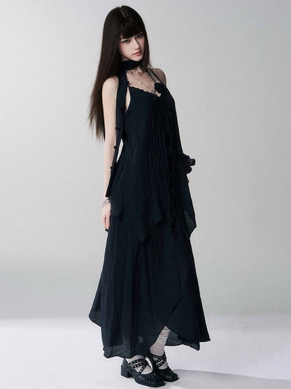Black V-Neck Spaghetti Strap Long Dress with Scarf - Lady Ghost
