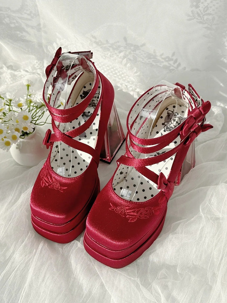 Red Camellia Flower High Block Heel Elegant Platform High Heels - Panda Lolita