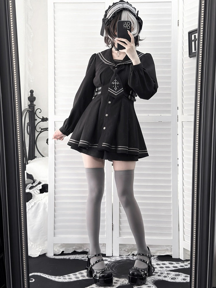 Sailor Collar Dress Set with Shorts and Tie - Ekomi