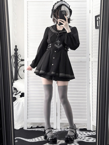 Sailor Collar Dress Set with Shorts and Tie - Ekomi