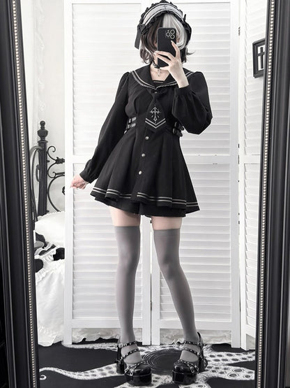 Black Sailor-Collar Dress Set with Bow Tie & Shorts - Ekomi