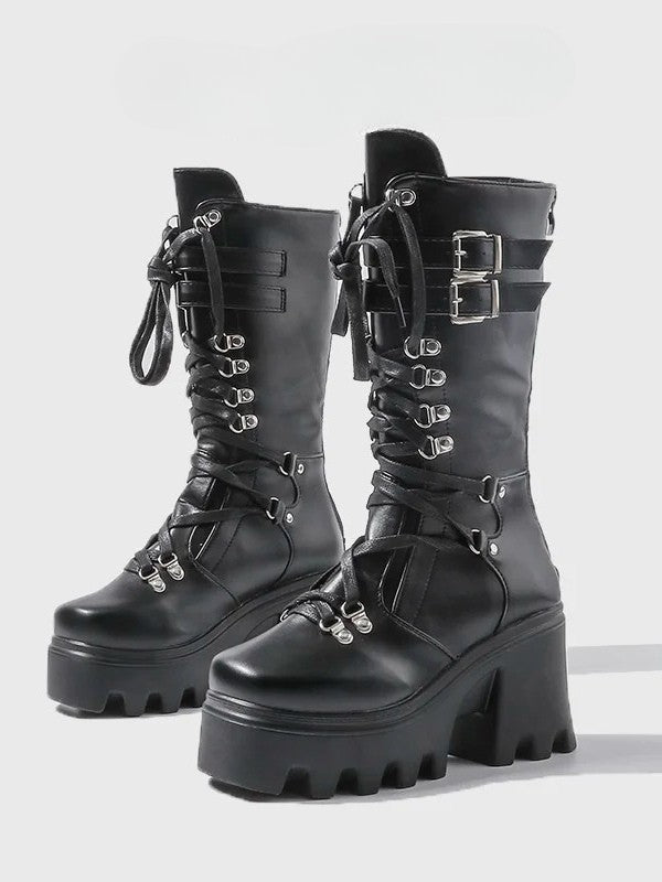 Chunky Black Closure Boots - Heel Mid-Calf with Gothic Buckle Matte Triple System Ornate