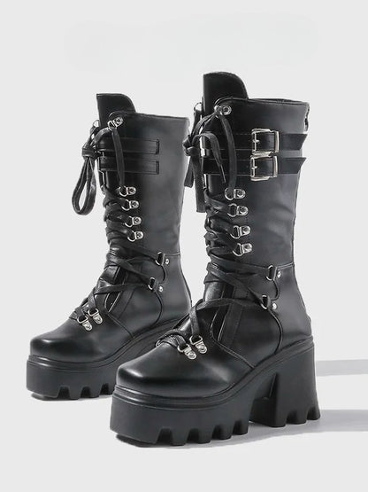 Chunky Black Closure Boots - Heel Mid-Calf with Gothic Buckle Matte Triple System Ornate