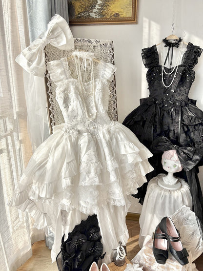 Blooming Layered Jacquard Hime Lolita Dress – Basque Waist with Lace & Fluffy Flower Accents | Sheer Ocean