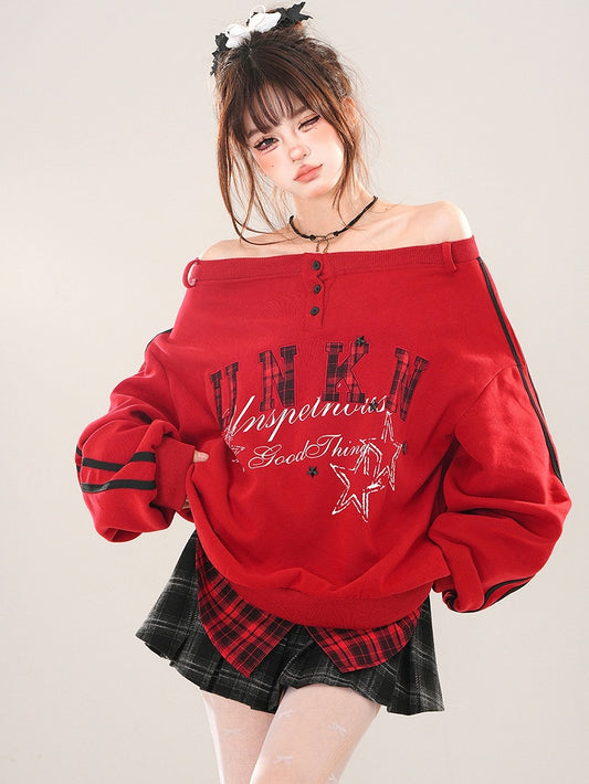 Rotes Sweatshirt mit Buchstaben-Patch-Stickerei und schulterfreiem Ausschnitt