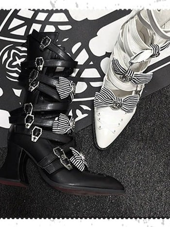 Gothic Pointed Toe Boots with Striped Bow & 8cm Heel - NRose