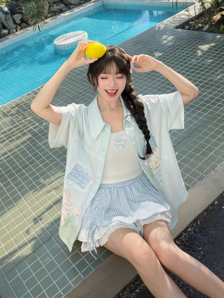 チェック柄アップリケ ラムプリント ライトグリーン シフォン レーストリム シャツ