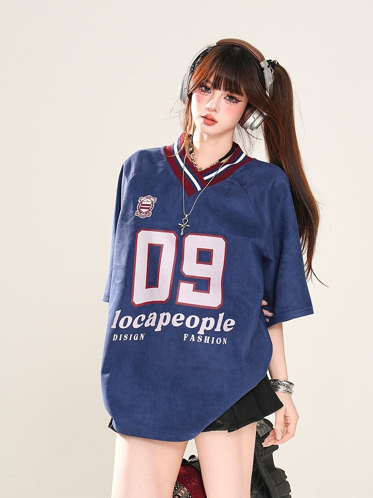 ゆったりTシャツ プリント スポーツ カーキ/ネイビーブルー プレッピースタイル Vネック ナンバー