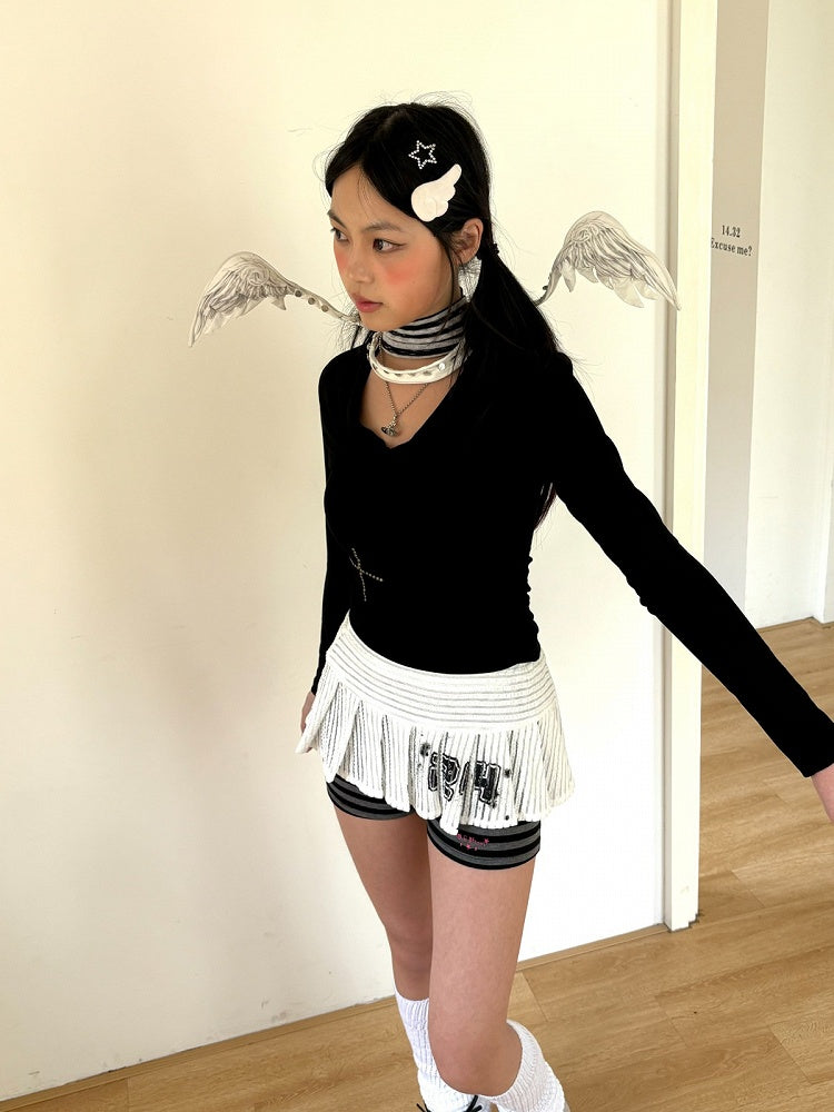 Print Black White Number Skirt with Striped Low-waist
