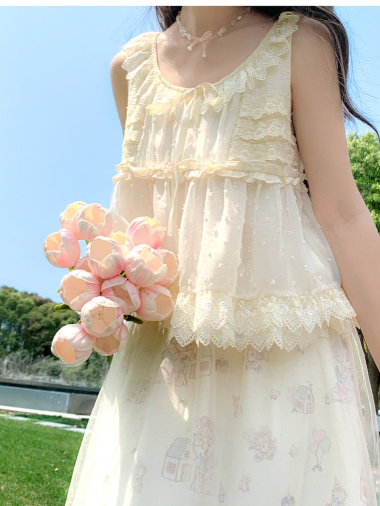 セルフタイタンクトップ リボンレーストリム エレガント ベージュ テ​​ィアード