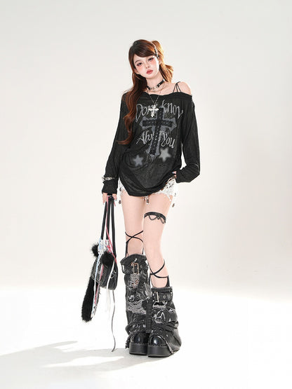 カバーアップ アシンメトリーネックライン レース クロスアップリケ ブラック/ホワイト