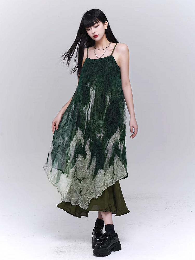 Gradient Green Asymmetrical Hem Ruffled Spaghetti Strap Dress