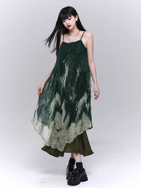 Gradient Green Asymmetrical Hem Ruffled Spaghetti Strap Dress