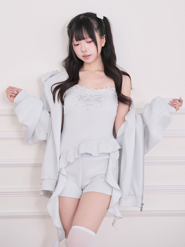 Light Blue Lace Rhinestone Cami Top with Ruffle and Ribbon - No Genki