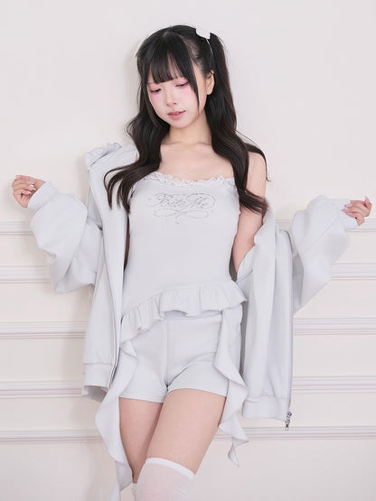 Light Blue Lace Rhinestone Cami Top with Ruffle and Ribbon - No Genki