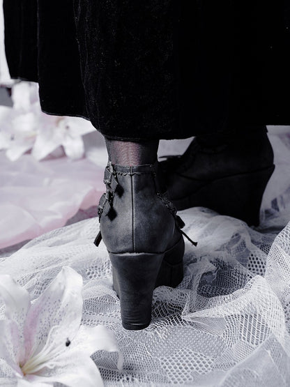 Matte Black Gothic Lolita 10cm Slope Heel Shoes with Butterfly Bow Accent - sphenoid