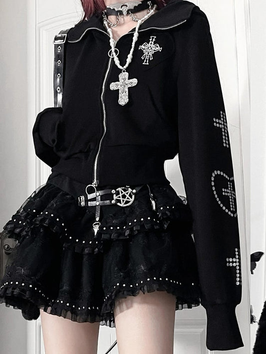 クロスとほろ苦いフード付き耳付き黒猫ハートデザインジャケット