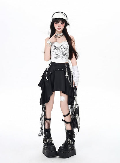 Punk Rock Skirt with Cascading Lace Ruffles and Handkerchief Hem Black