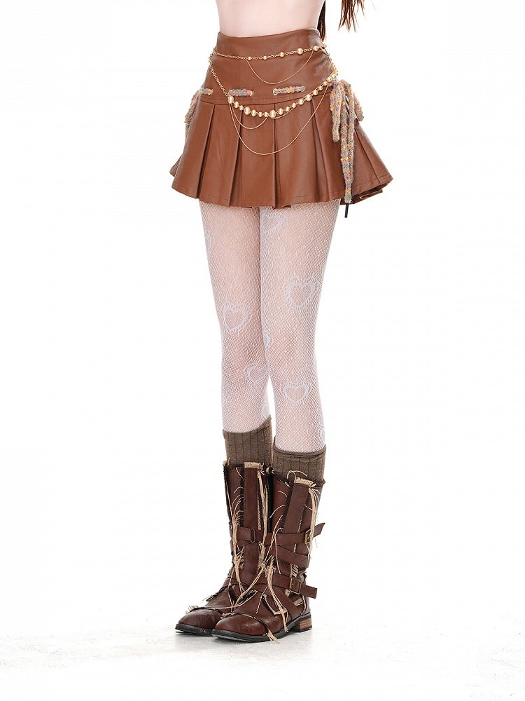 Brown High Waist Box Pleat Mini Skirt