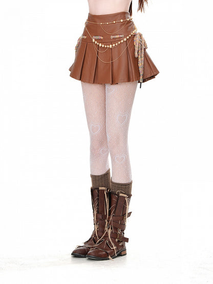 ミニスカート ウエストボックスプリーツ PU ブラウン ハイ