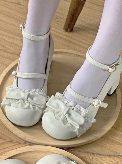 Toe at White Mid Sweet Heels Lace with Round Top Trim Bow