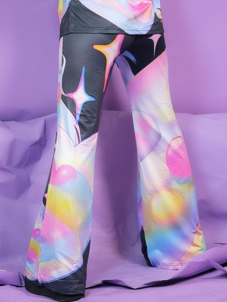 ファッションカラフルなギャルフレア漫画柄パンツ