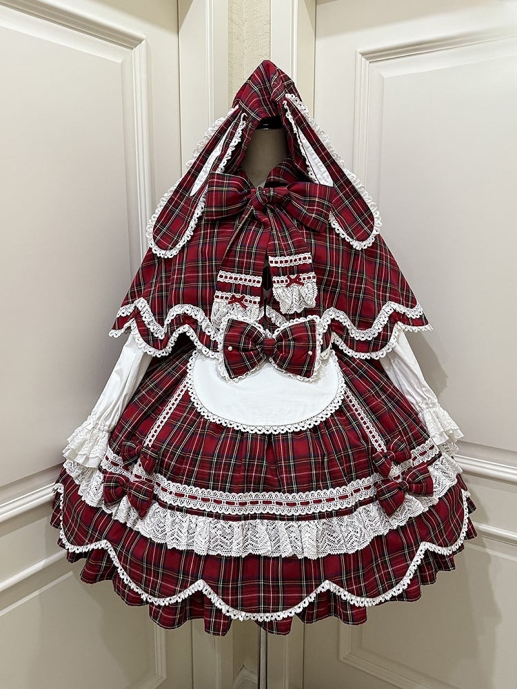and Plaid Bunny Ears Red Cape Hooded with Petal-like Trim