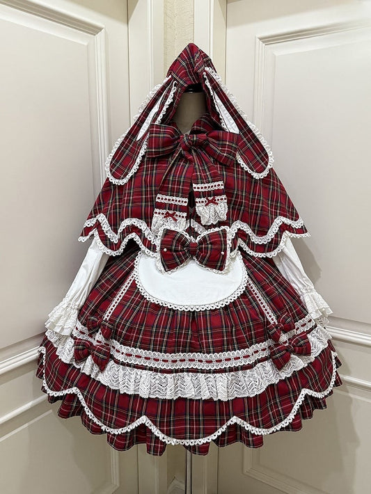 and Plaid Bunny Ears Red Cape Hooded with Petal-like Trim