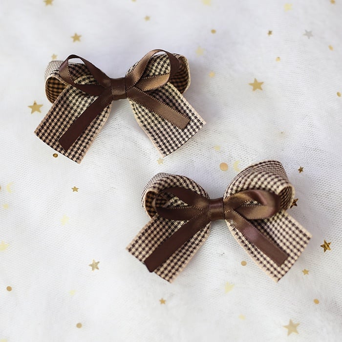 Brown Hairclips Bowknot Plaid Lolita Pair of Cute A