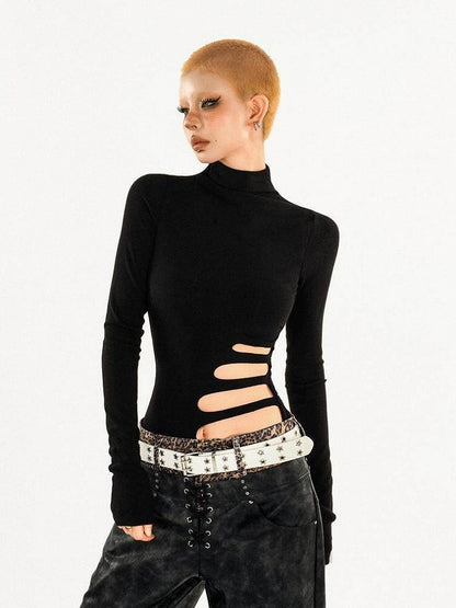 Cut-Out Design Black High Neck Minimalist Long Sleeve Top