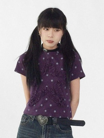 Purple Polka Dot Round Neck Short Sleeve T-Shirt with Star Ruffle Decoration - innomoood