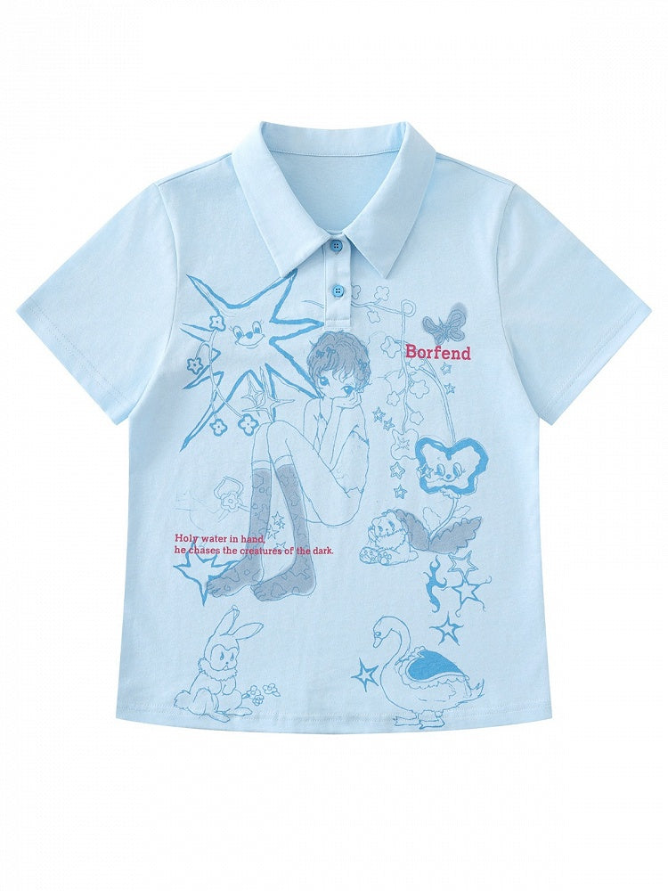 Blue Turn-Down Collar Tee with Anime Graphic - Languid Park