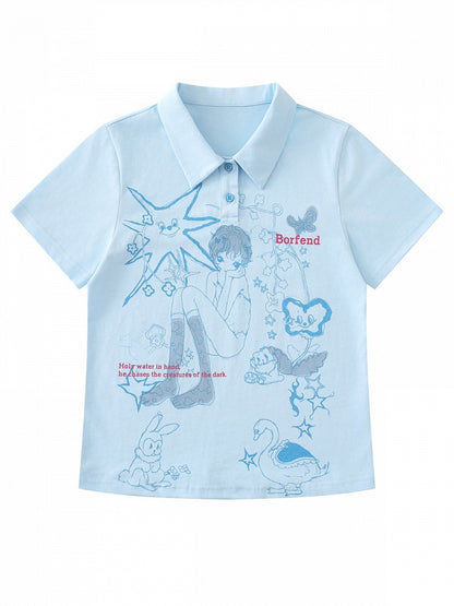 Blue Turn-Down Collar Tee with Anime Graphic - Languid Park