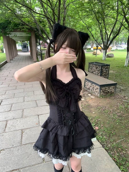 Dress Lace Black Hem - Plaid Dark Multi-Layer Neck Halter Doll Front and Lace-Up