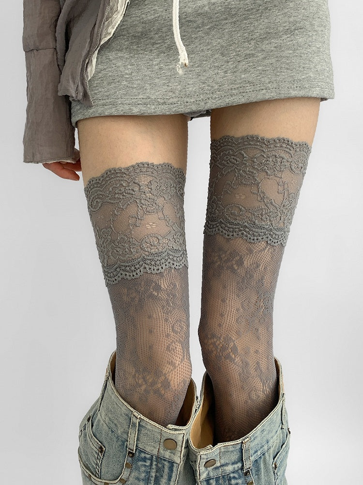 Spitzenstrümpfe Grau/Weiß/Braun/Blau/Schwarzer Besatz Overknee Hohl-Out-Design