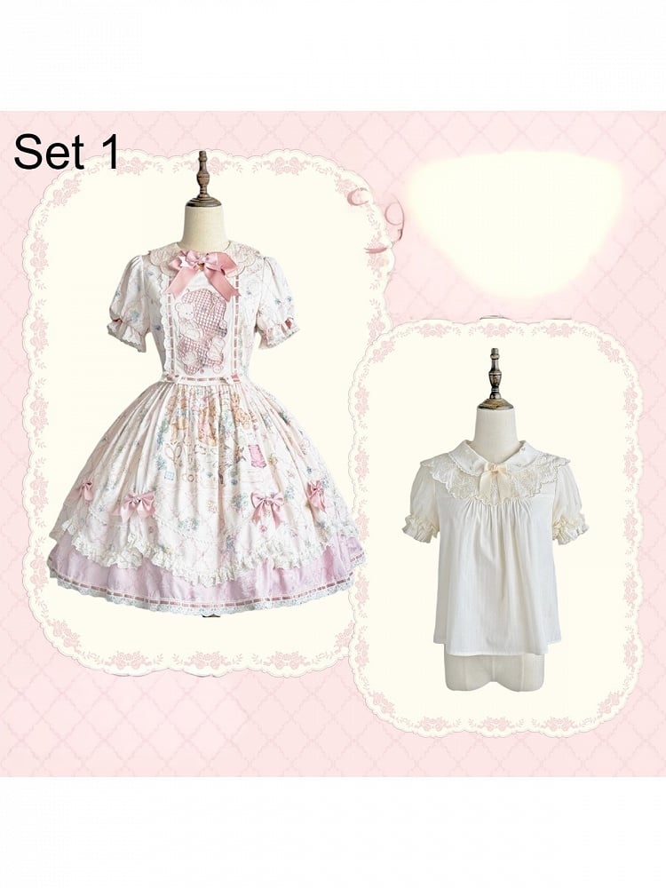 Sweet Lolita OP Dress Set with Puff Sleeves, Bear Print and Floral Embroidery - Treasure House