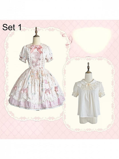 Sweet Lolita OP Dress Set with Puff Sleeves, Bear Print and Floral Embroidery - Treasure House