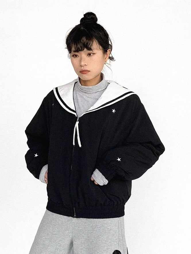 Star Collar Front with Black Sailor White Jacket Zipper - Patches Heart