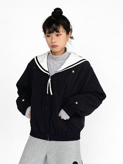 Star Collar Front with Black Sailor White Jacket Zipper - Patches Heart
