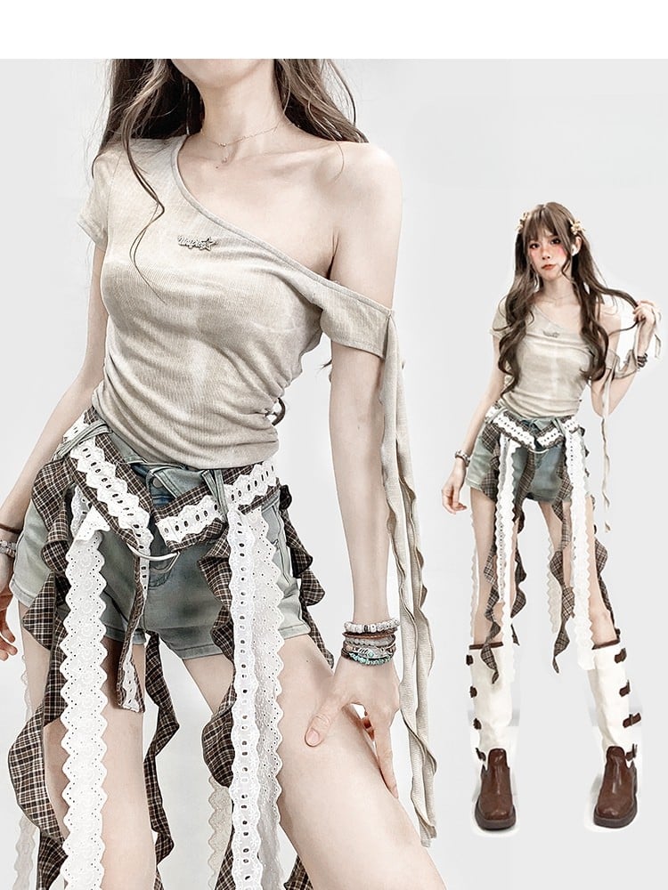 ネックラインベージュグラマラスTシャツアシンメトリー