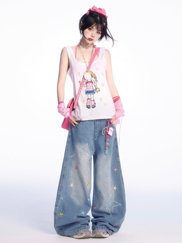 Tank Top Manga Girl Print Weiß Locker