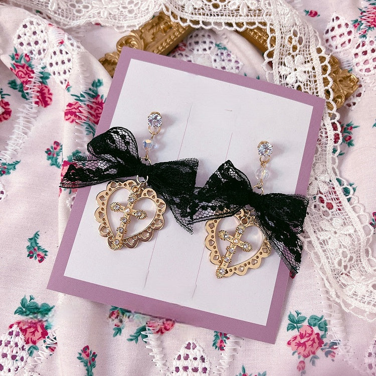 Pendant Heart 2 Bow Studs with Ear Lace Cross Options