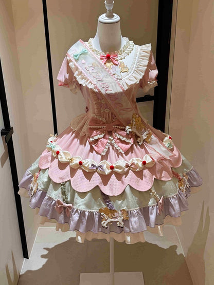 Cute Round Neck Bow Ruffle Dress with 3D Horse Embroidery in Pink & Purple - Sweet Dream Box